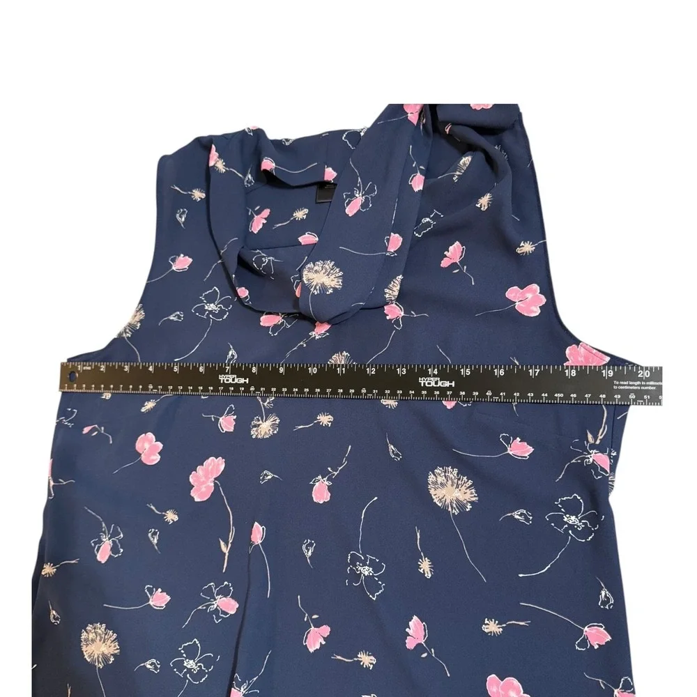 Ann‎ Taylor Womens Navy Blue Pink Floral Tie Neck Sleeveless Blouse Size Medium